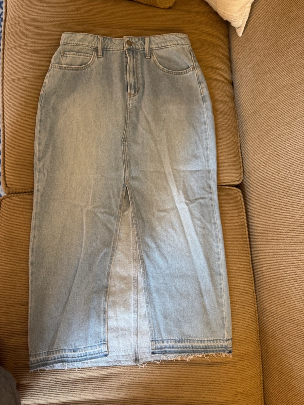 Hollister Light Wash Denim Midi Skirt with Front Slit